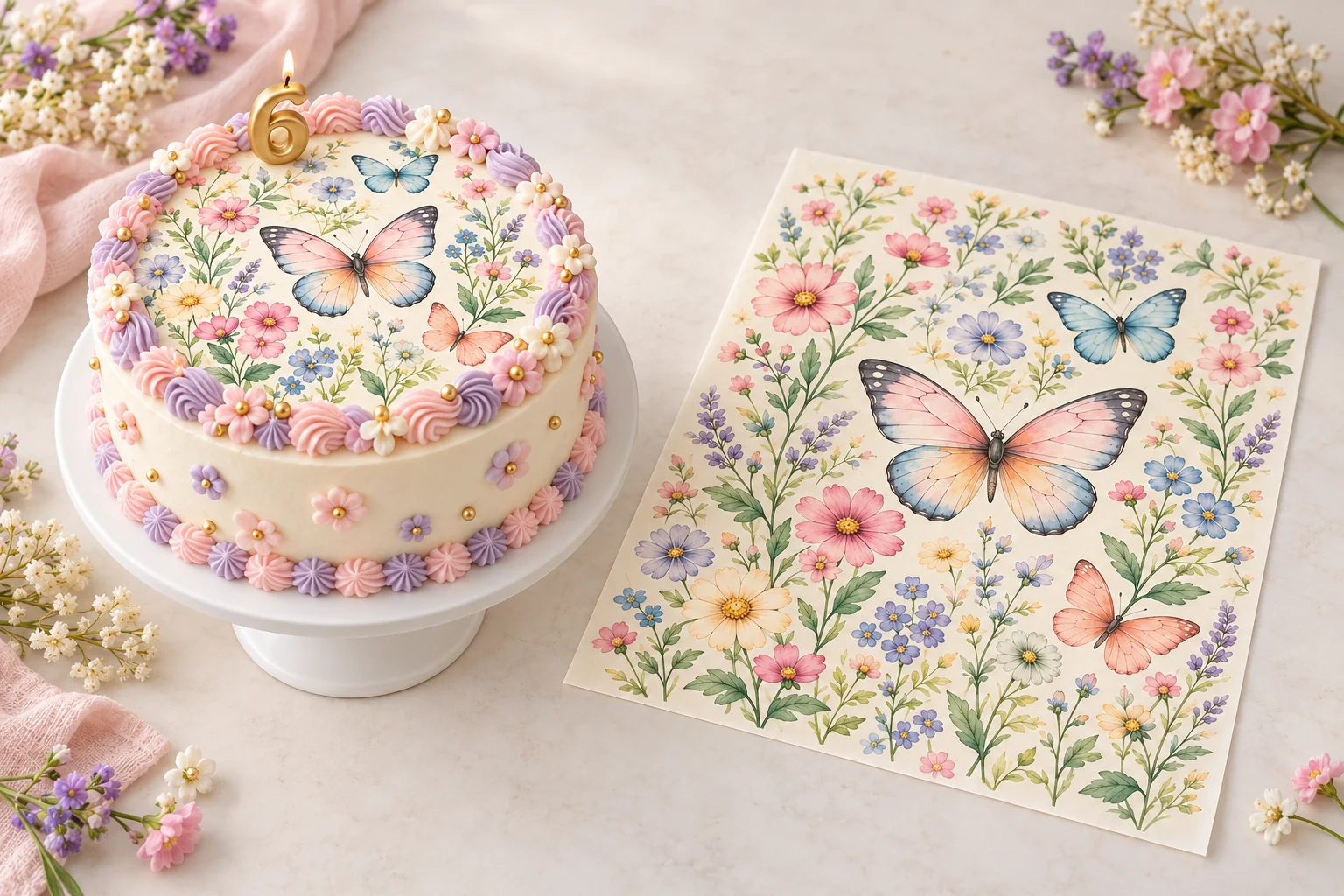 Pastel de mariposas junto a su hoja comestible