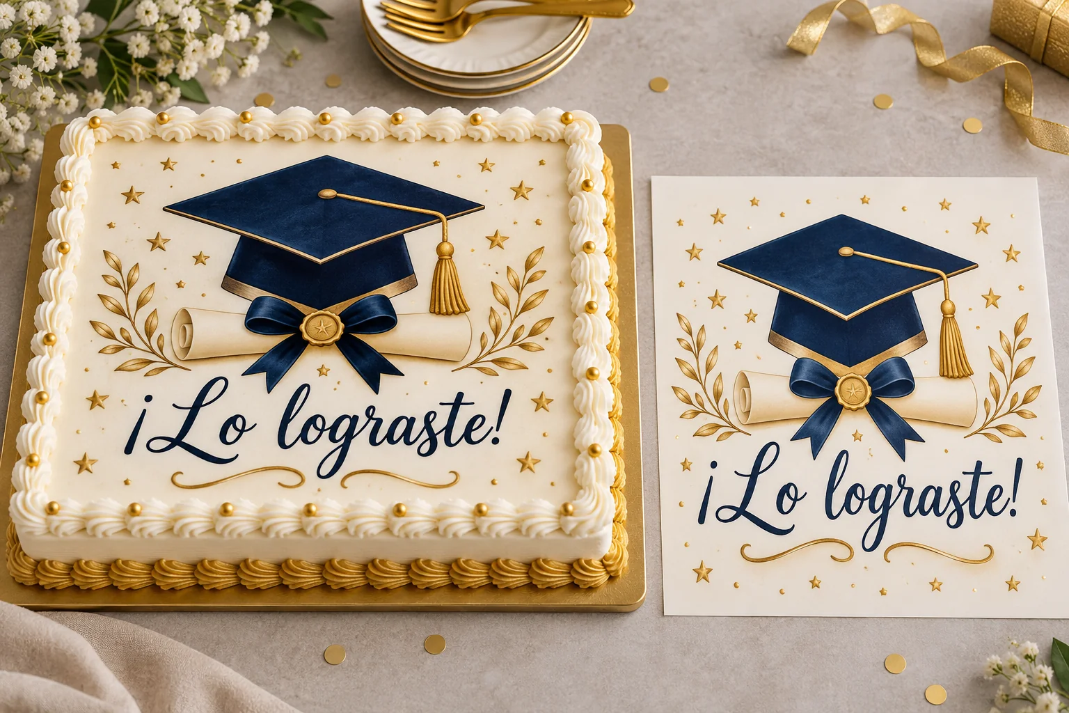 Pastel de graduación azul y dorado junto a la hoja comestible de birrete y diploma
