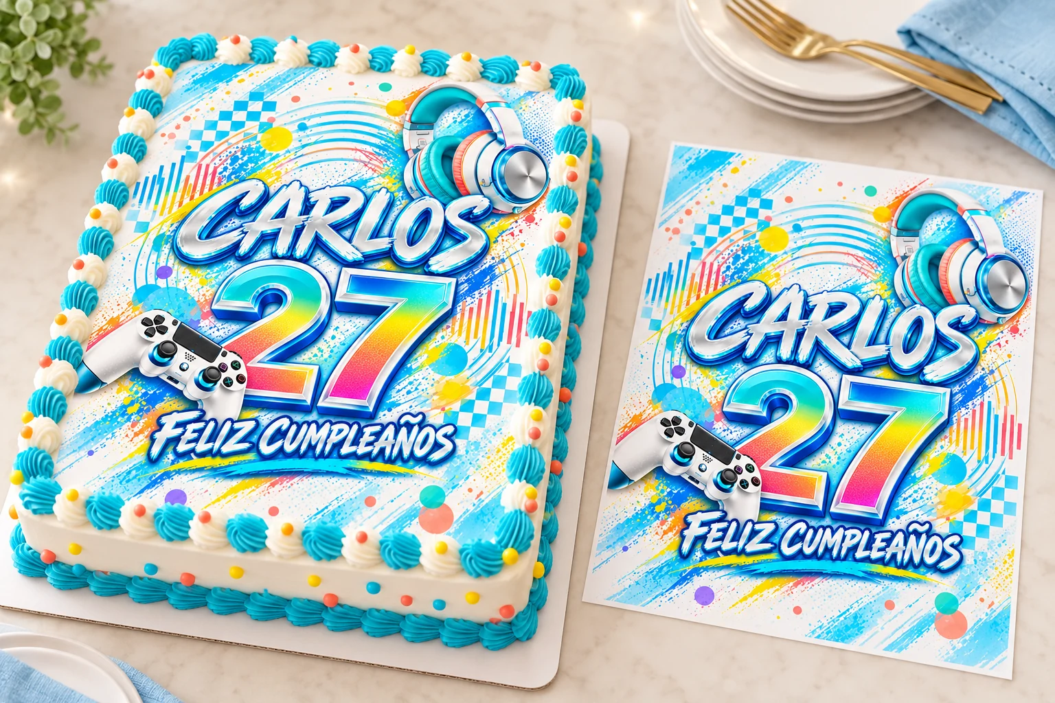 En un pastel pequeño. Una hoja carta sobre un pastel rectangular.