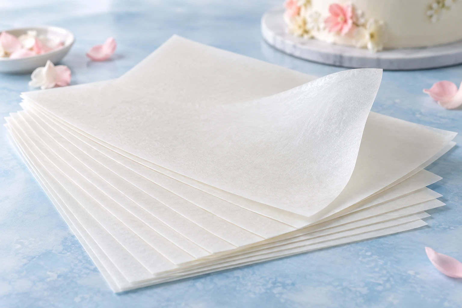 Hojas de papel de arroz comestible en blanco sobre una mesa de repostería