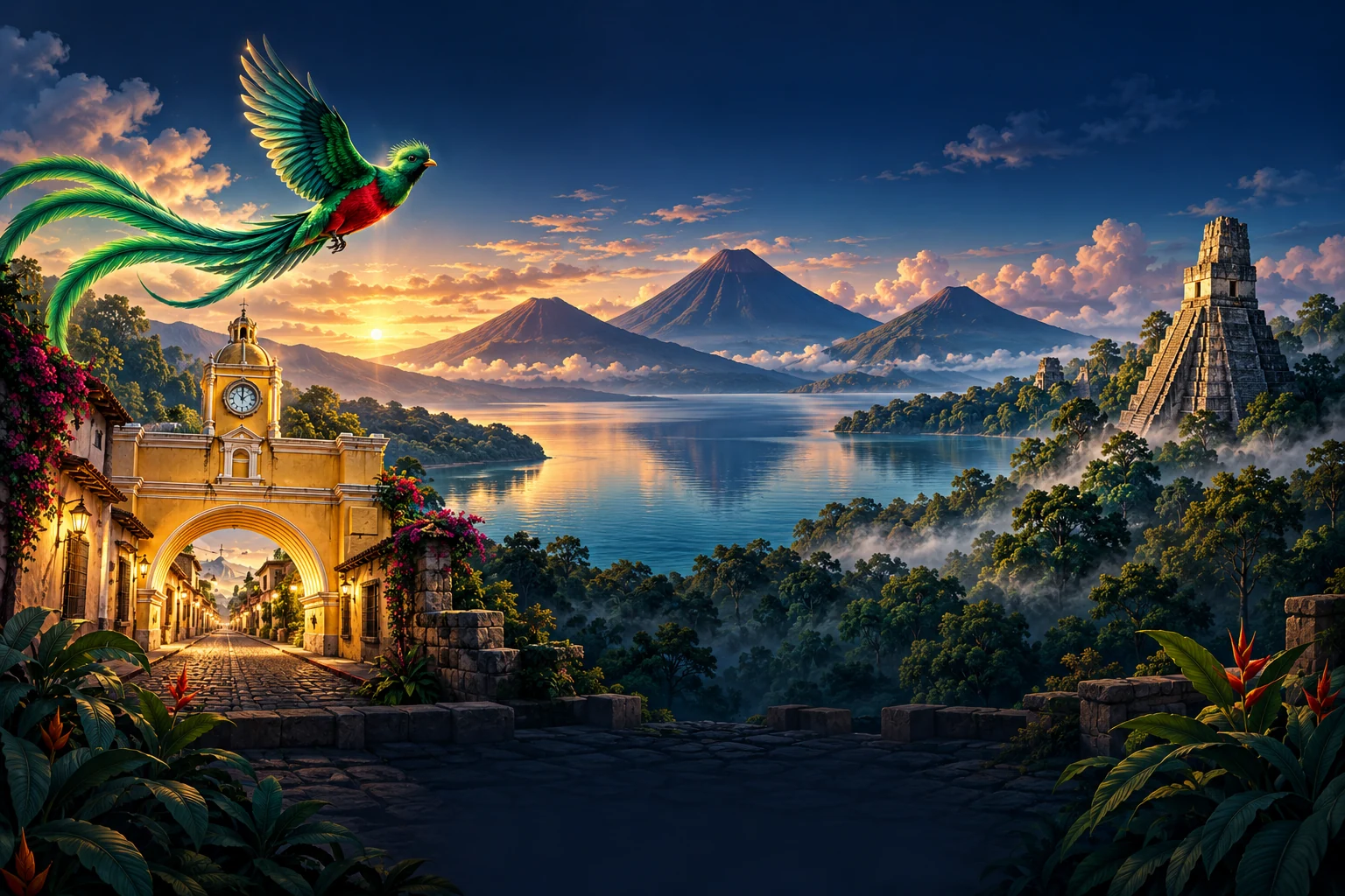 Ilustración de Guatemala con un quetzal, volcanes, el Arco de Antigua y un templo inspirado en Tikal